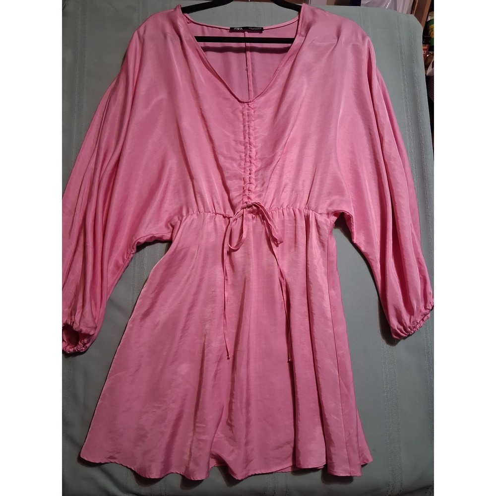 Zara Pink Satin V-Neck Dolman Sleeve Ruched Mini Dress Small Boho Barbiecore